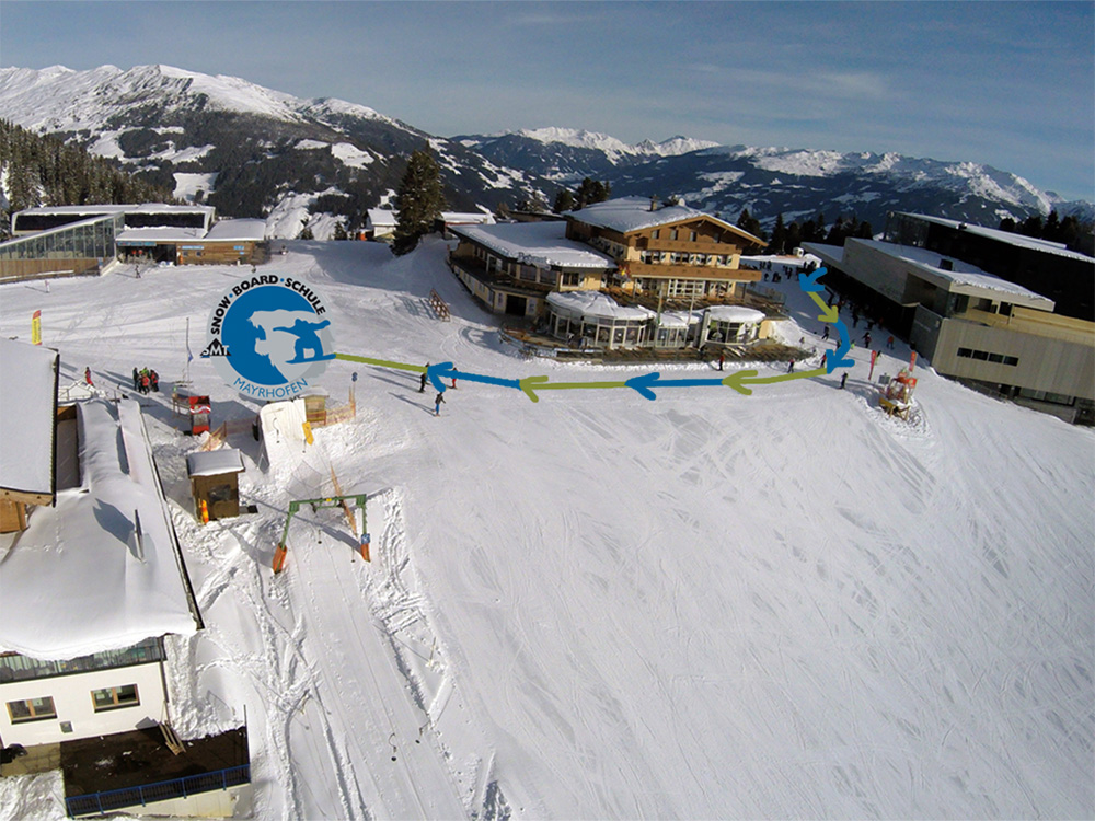 Route from the top station of the Penkenbahn gondola to the SMT Snowboard School meeting point